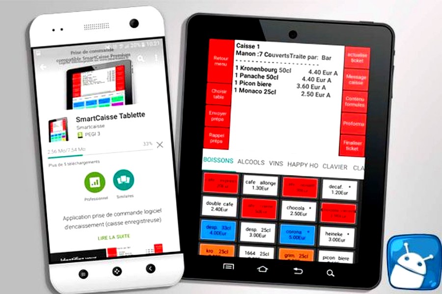 Application SmartCaisse sur smartphone Android (disponible sur Google Play, PEGI 3) et tablette Android avec interface de prise de commandes en salle : articles boissons, alcools, vins, clavier tactile coloré, affichage de la commande en cours par table.