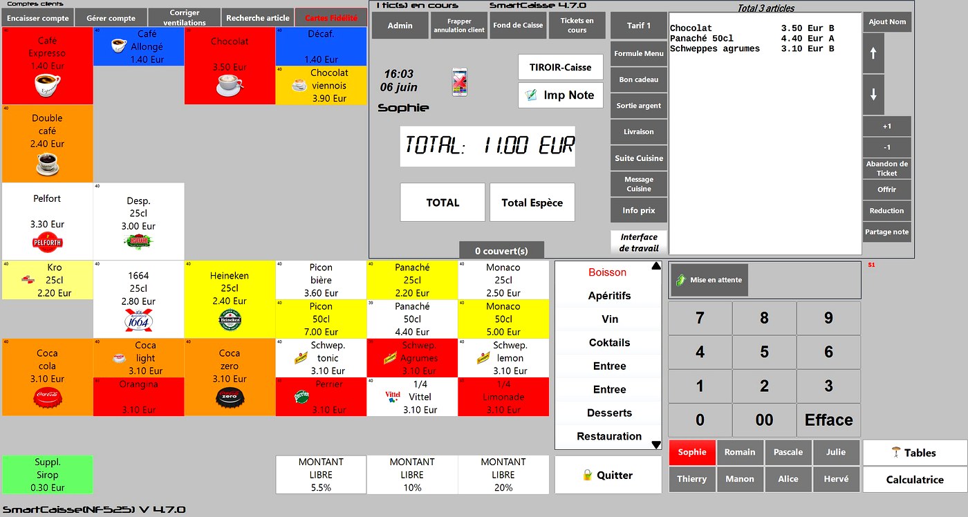 Interface SmartCaisse Premium v4.7.0 : pavé de touches colorées avec articles (cafés, boissons, menus), ticket en cours affiché à 11,00€, pavé numérique et gestion des vendeurs. Logiciel certifié NF525.