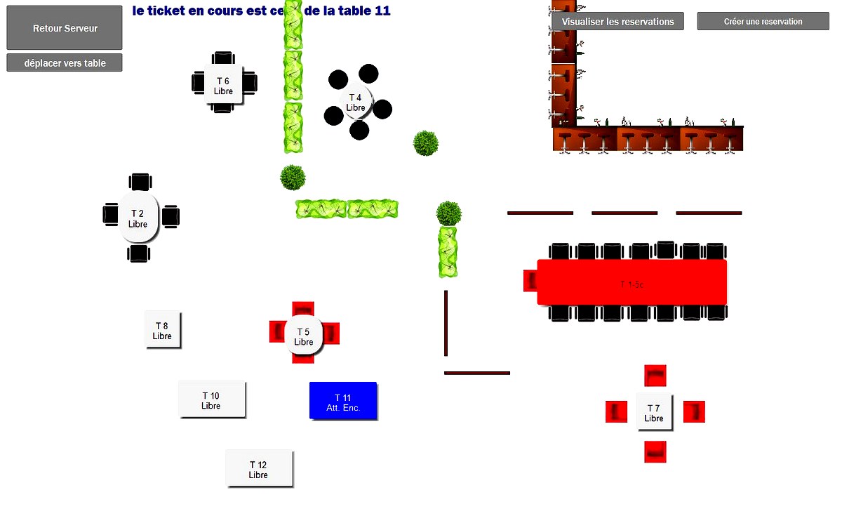 Plan de salle SmartCaisse : tables libres (blanc), en attente d'encaissement (bleu), et grande table avec éléments de décor (plantes, bar, comptoir). Jusqu'à 3 salles et 100 tables configurables.