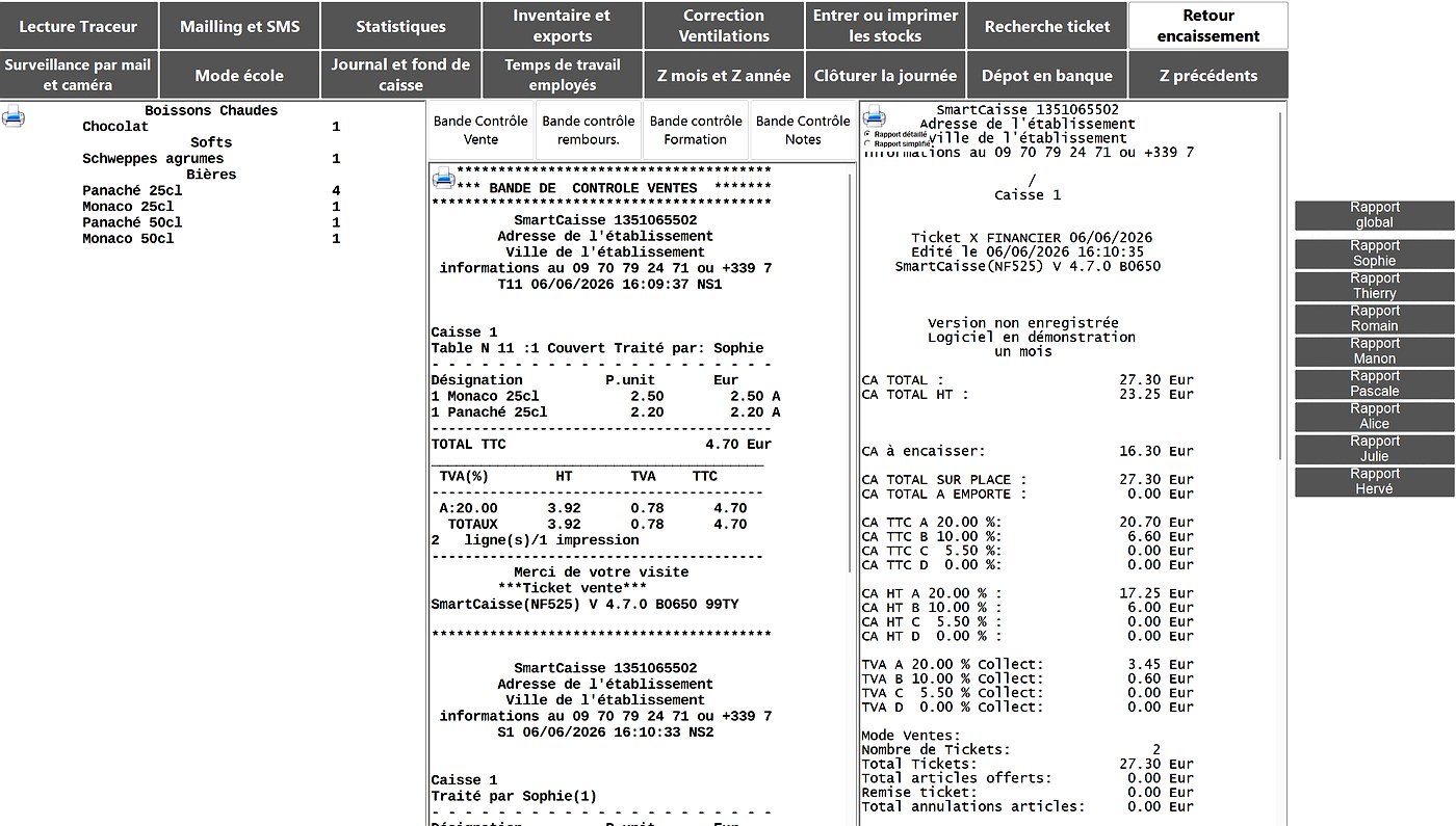 SmartCaisse — Z financier certifié NF525 : bande de contrôle ventes, ticket X financier journalier avec CA TTC, CA HT, TVA ventilée par taux (20%, 10%, 5,5%), nombre de tickets, rapports par vendeur (Sophie, Thierry, Romain…).